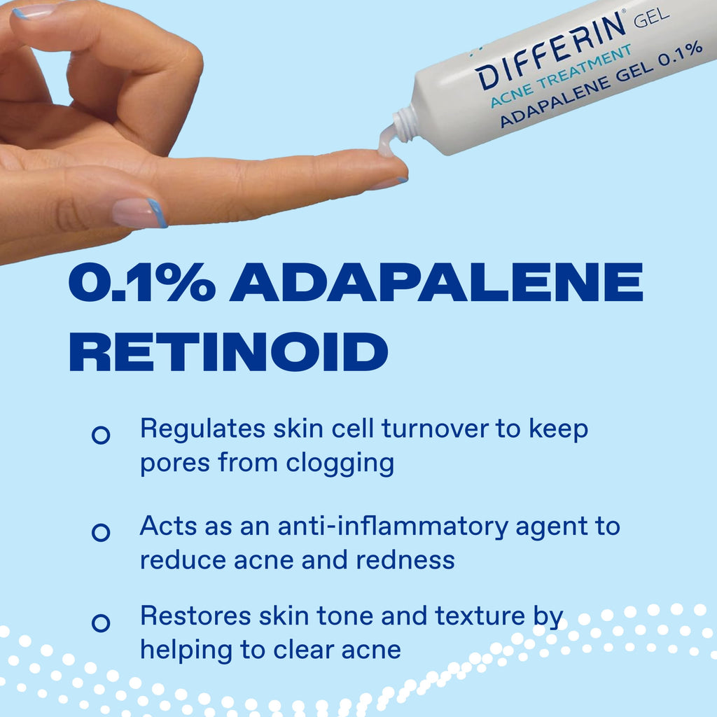 Differin Prescription-Strength Retinoid Acne Treatment Gel for Face with 0.1% Adapalene, Clears & Prevents Acne, Fragrance-Free, 15g Tube