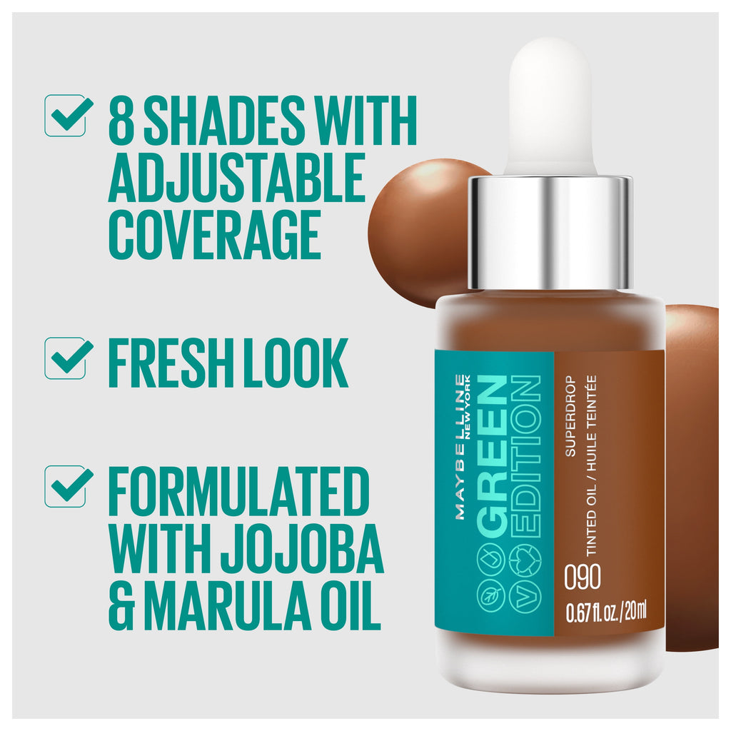 Maybelline Green Edition Superdrop Tinted Oil Makeup, Adjustable Coverage, 25, 0.67 fl oz