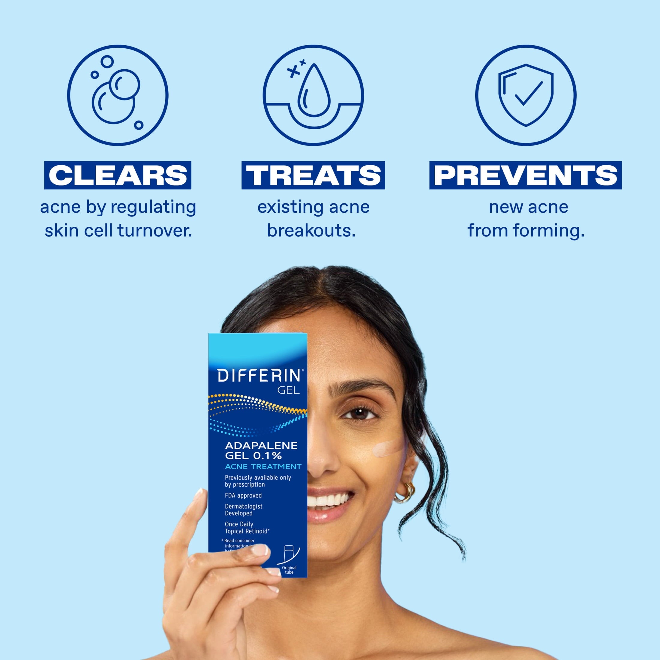 Differin Prescription-Strength Retinoid Acne Treatment Gel for Face with 0.1% Adapalene, Clears & Prevents Acne, Fragrance-Free, 15g Tube
