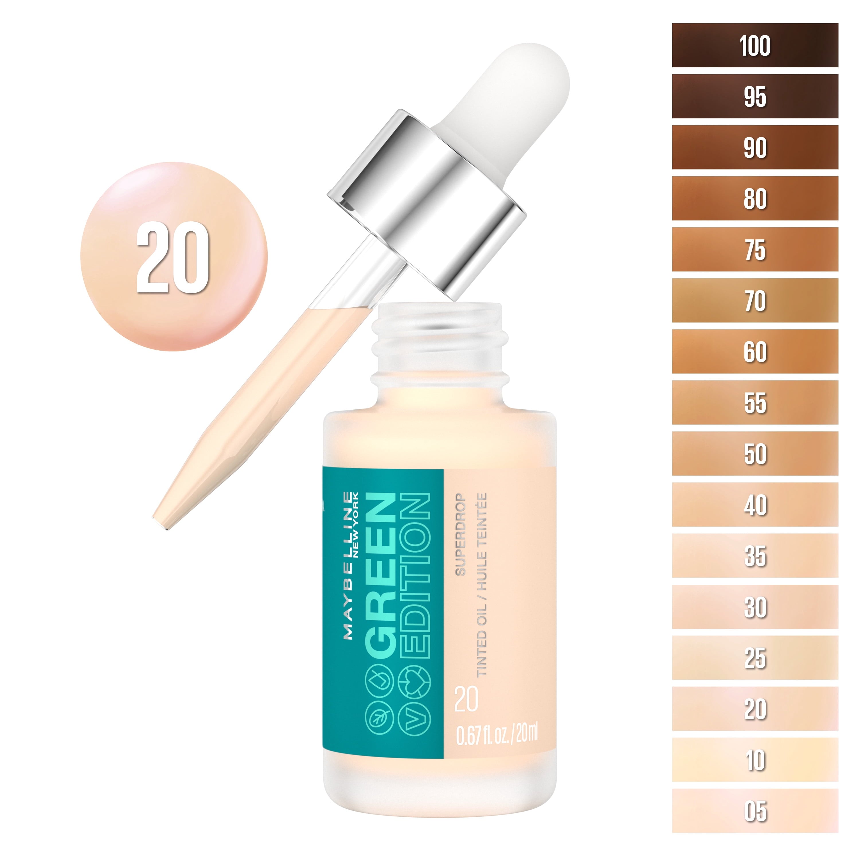 Maybelline Green Edition Superdrop Tinted Oil Makeup, Adjustable Coverage, 20, 0.67 fl oz