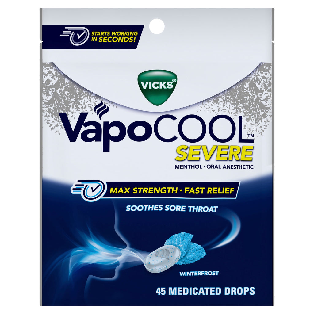 Vicks VapoCOOL SEVERE Medicated Sore Throat Drops, Menthol, Winterfrost Flavor, 45 count