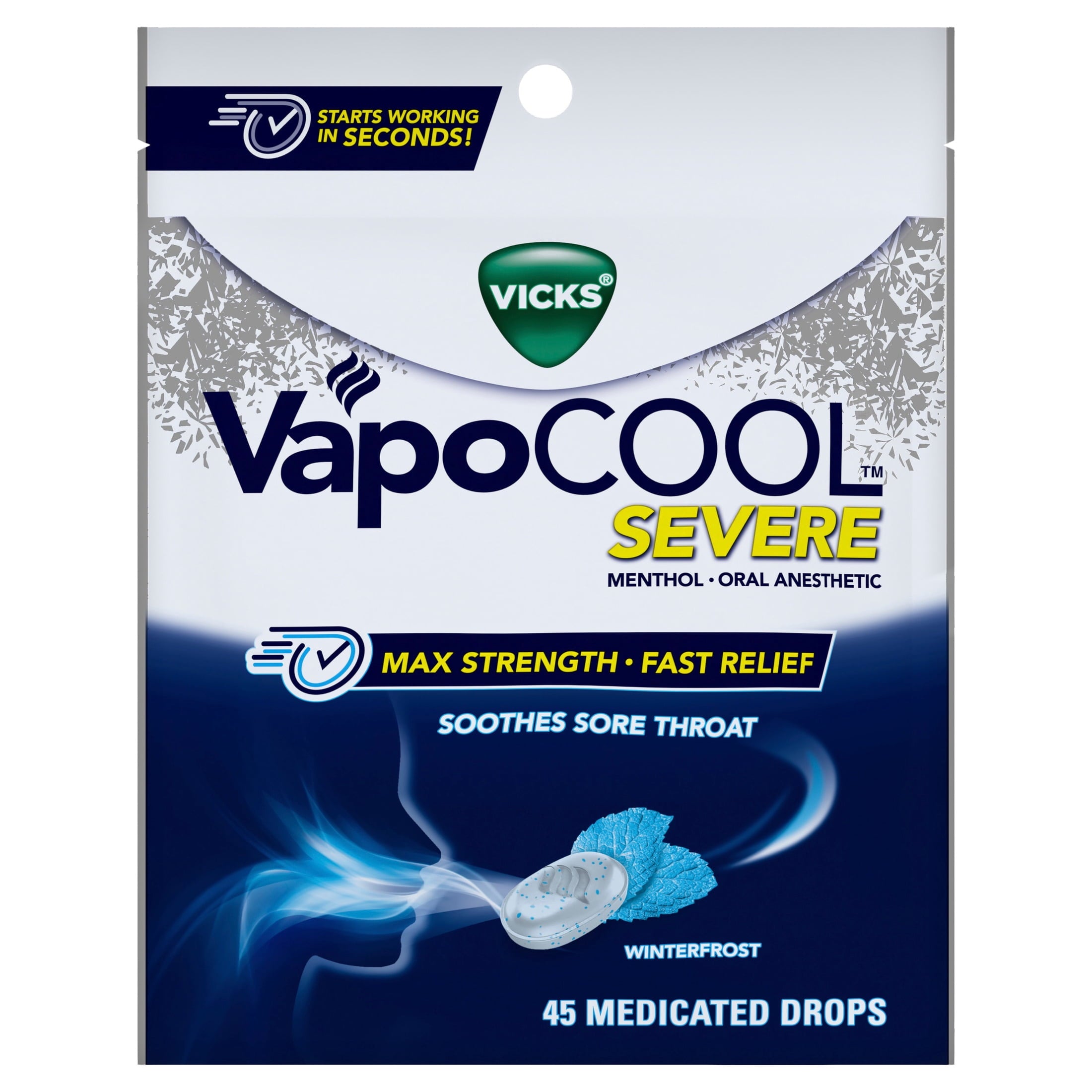 Vicks VapoCOOL SEVERE Medicated Sore Throat Drops, Menthol, Winterfrost Flavor, 45 count