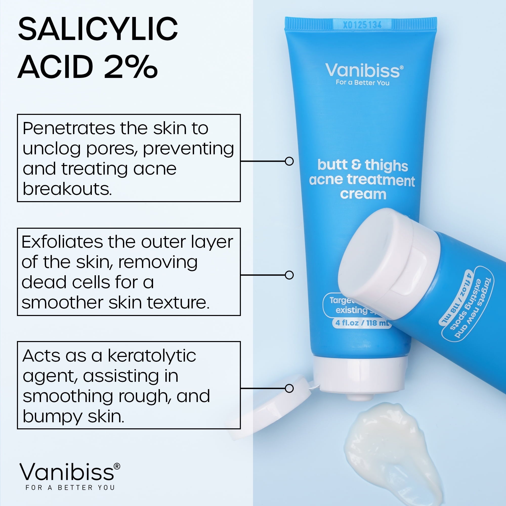 Vanibiss Butt and Thighs Acne Treatment Cream with 2% Salicylic Acid, Exfoliates & Repairs Acne-Prone Skin, 4oz