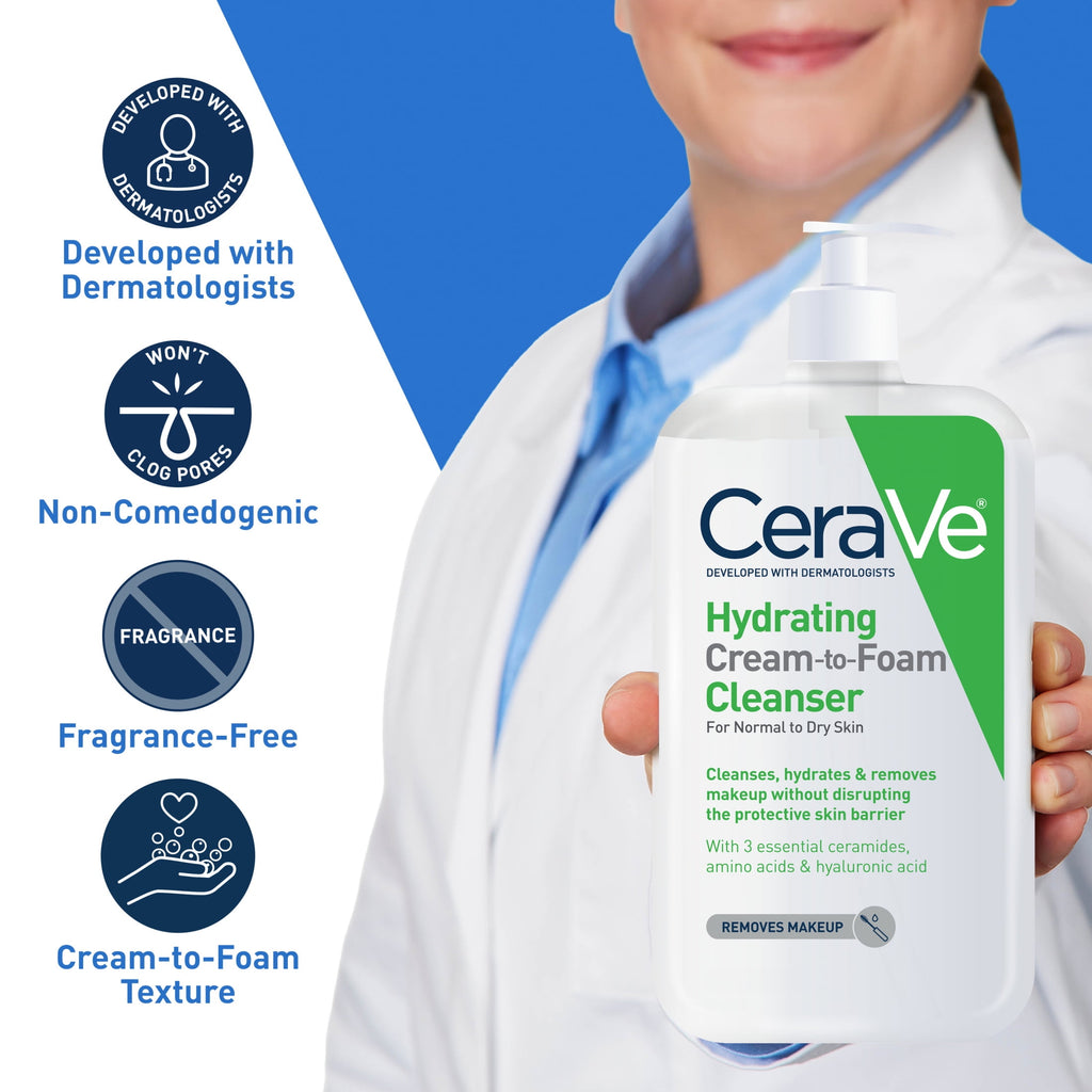 CeraVe Facial Wash Hydrating Cream-to-Foam with Hyaluronic Acid for Normal to Dry Skin 8 fl oz