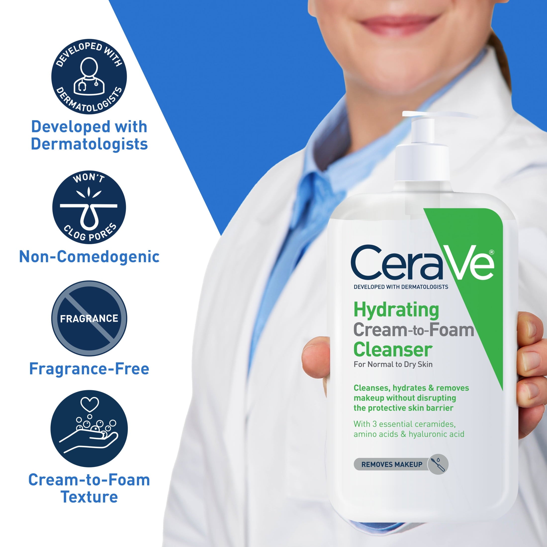 CeraVe Facial Wash Hydrating Cream-to-Foam with Hyaluronic Acid for Normal to Dry Skin 8 fl oz