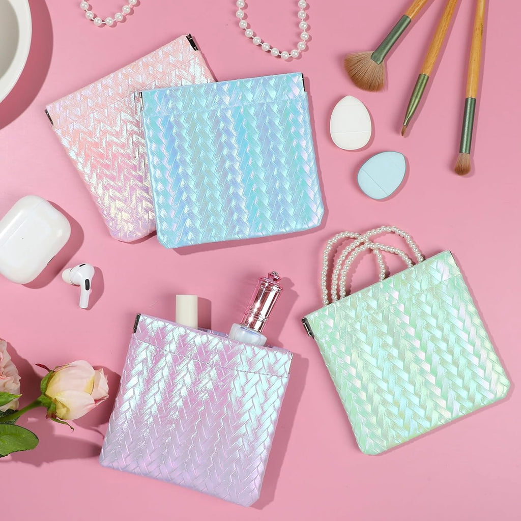 4PCS Snap Closure Pouches, Gradient Leather Pocket Cosmetic Pouch Organizer, Portable Travel Pouchic for Cosmetics Earphones Jewelry (Glitter)