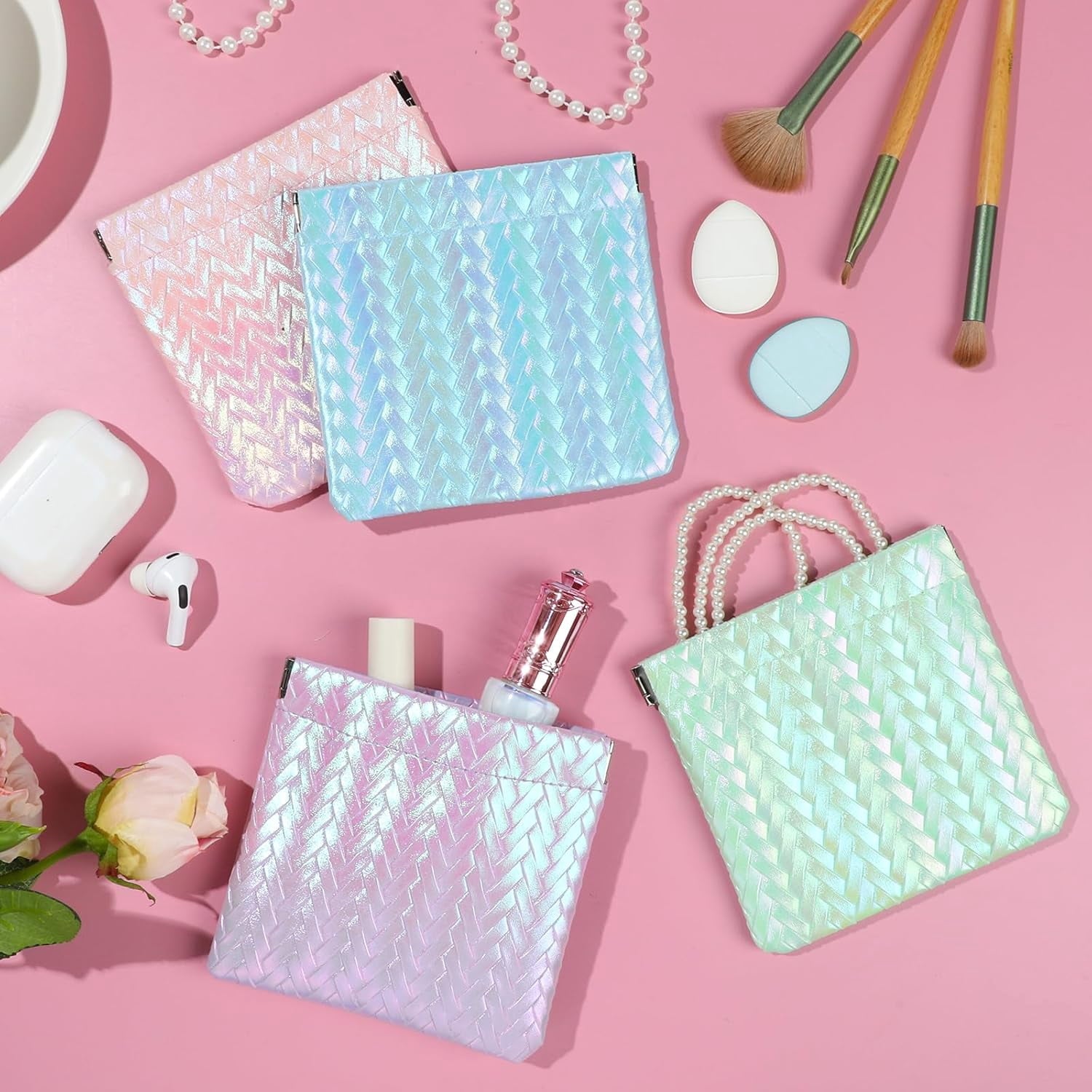 4PCS Snap Closure Pouches, Gradient Leather Pocket Cosmetic Pouch Organizer, Portable Travel Pouchic for Cosmetics Earphones Jewelry (Glitter)