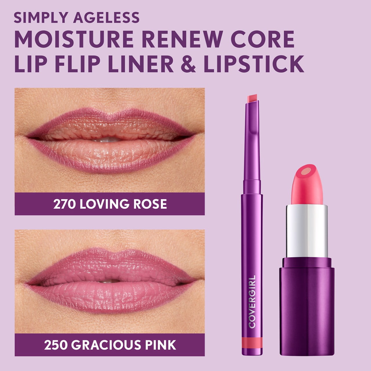 COVERGIRL Simply Ageless Moisture Renew Core Lipstick, 250 Gracious Pink, 0.14 oz