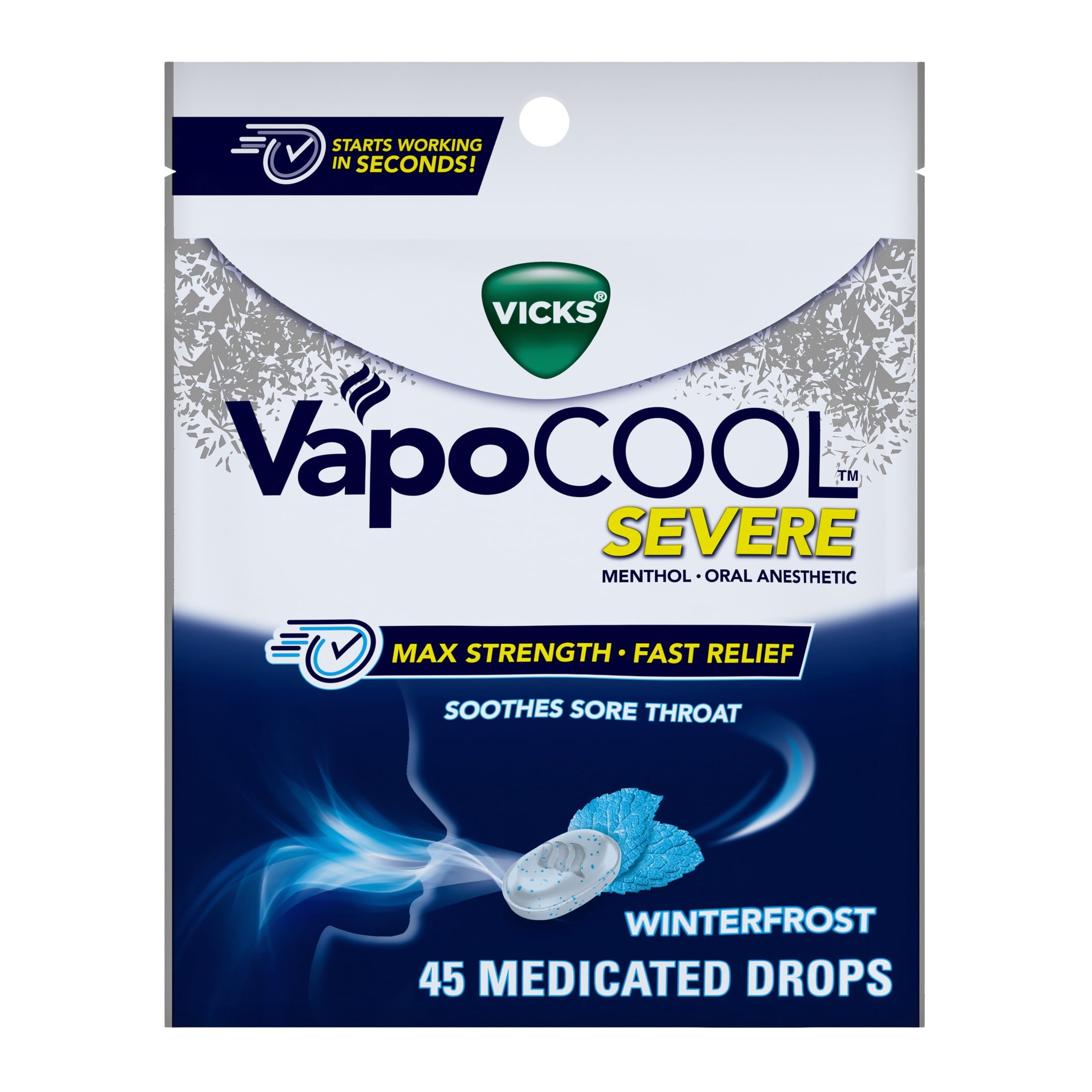 Vicks VapoCOOL SEVERE Medicated Sore Throat Drops, Menthol, Winterfrost Flavor, 45 count