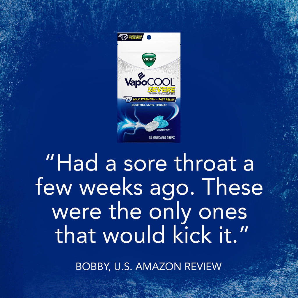 Vicks VapoCOOL SEVERE Medicated Sore Throat Drops, Menthol, Winterfrost Flavor, 45 count