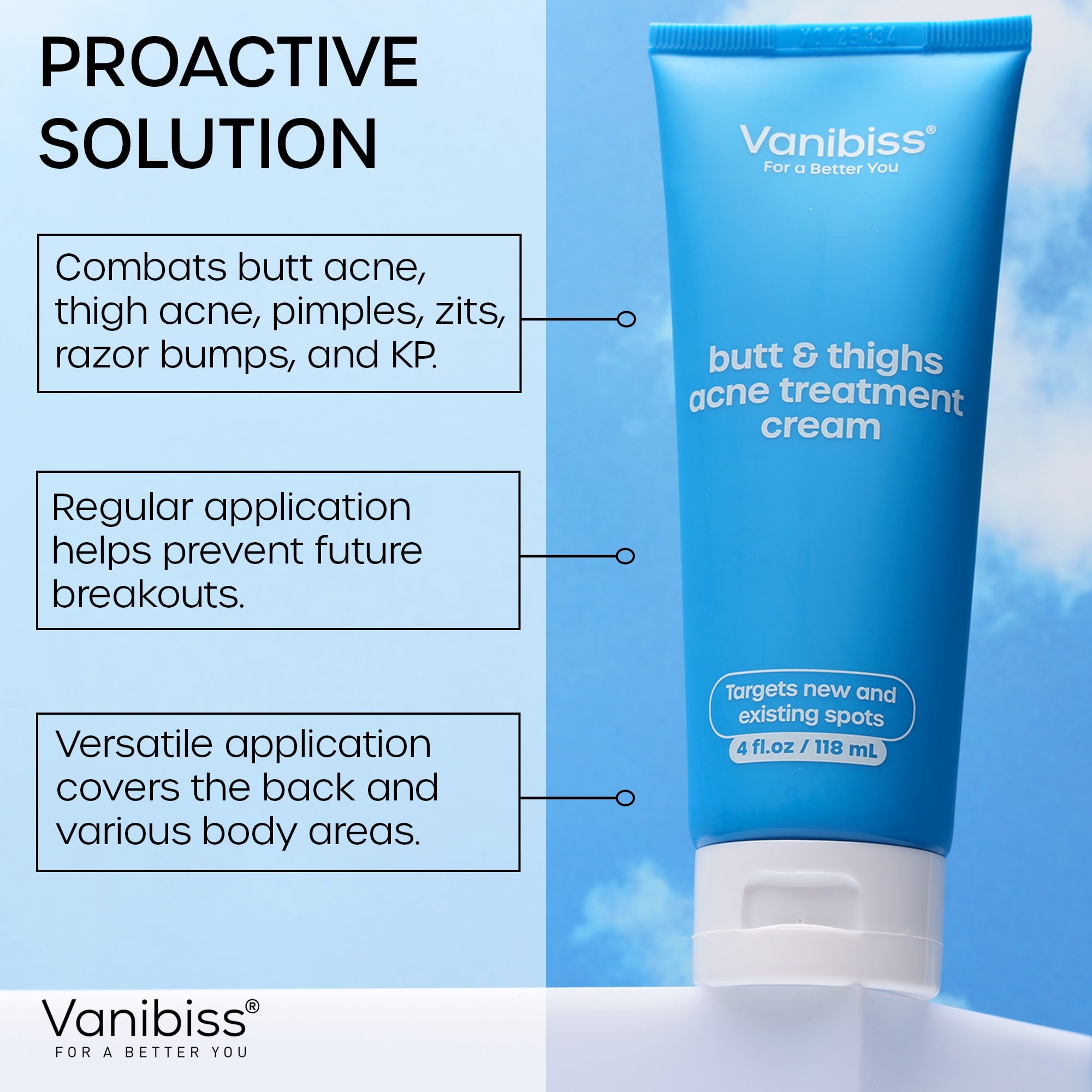 Vanibiss Butt and Thighs Acne Treatment Cream with 2% Salicylic Acid, Exfoliates & Repairs Acne-Prone Skin, 4oz