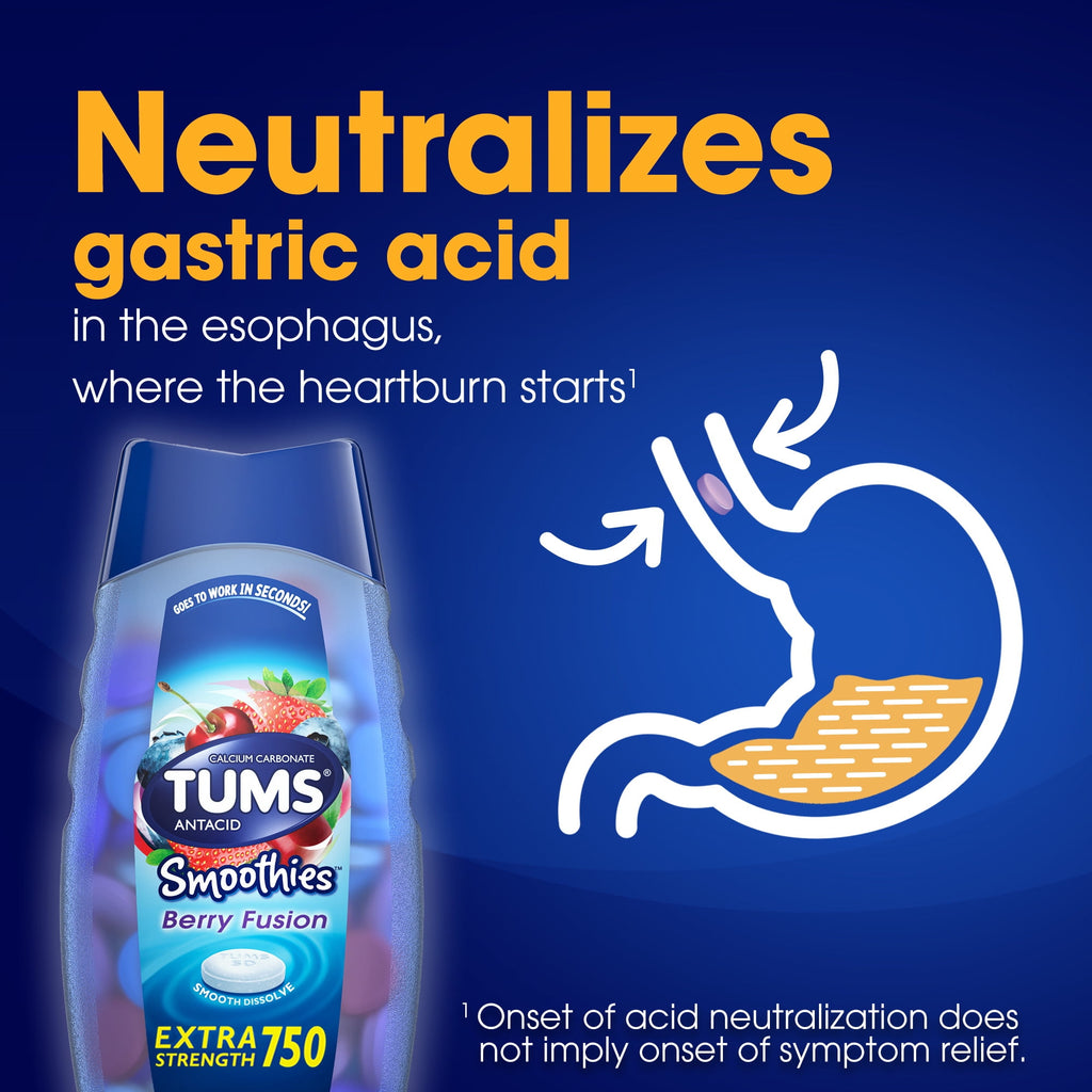 Tums Smoothies Extra Strength Heartburn Relief Chewable Antacid Tablets, Berry Fusion, 60 Ct