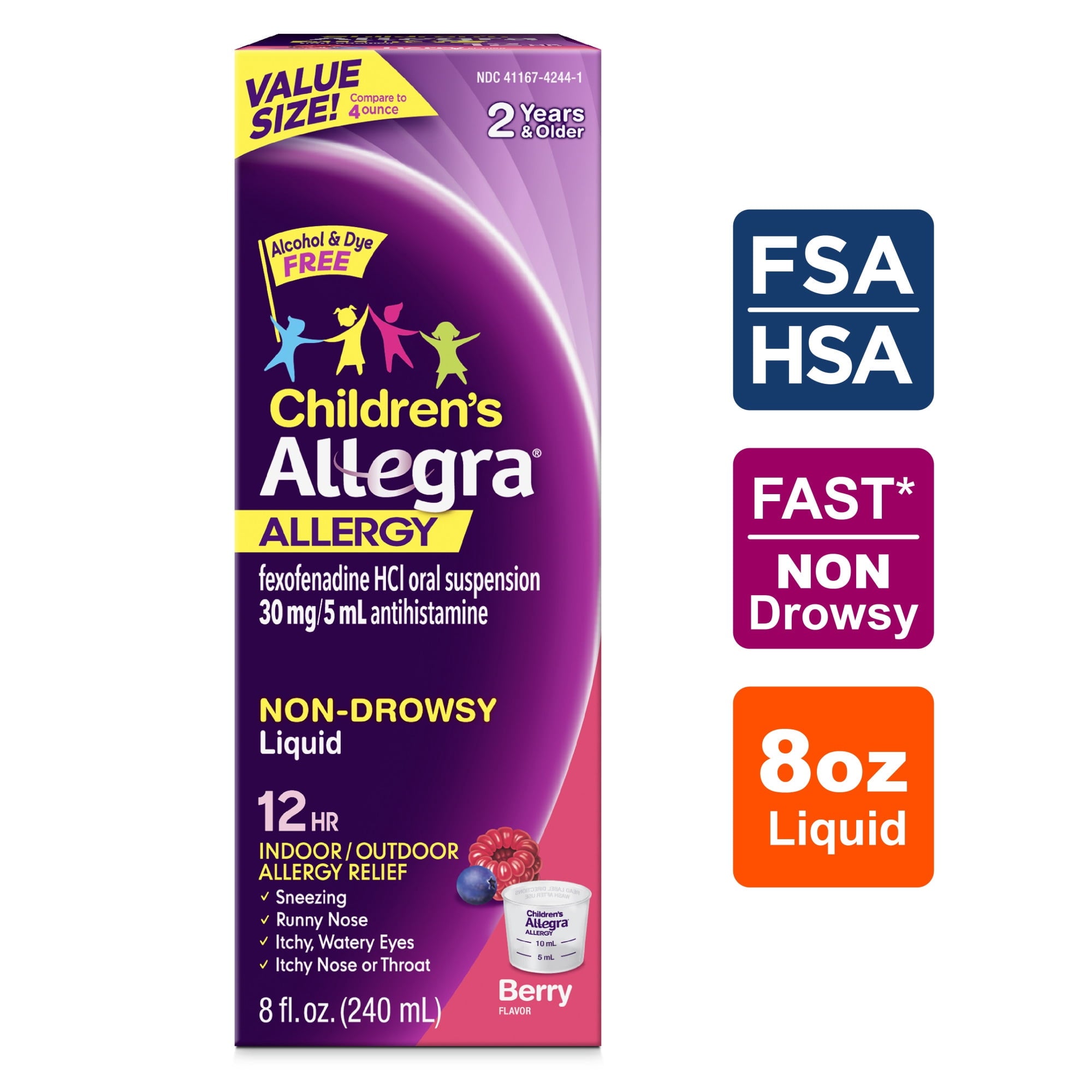 Allegra Children's 12-Hour Allergy Relief Liquid, Non-Drowsy Indoor and Outdoor Allergy Medicine, 30 mg Fexofenadine HCI Antihistamine For Kids, Berry Flavor, 8 oz.