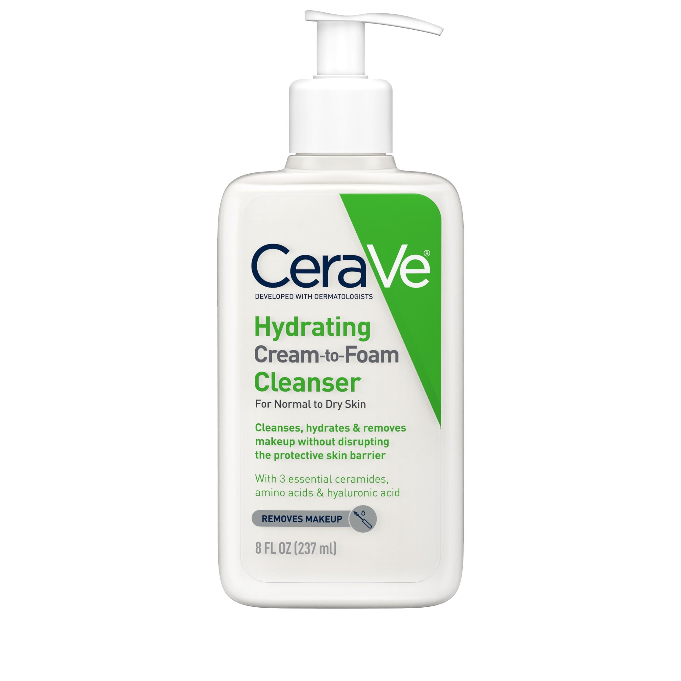 CeraVe Facial Wash Hydrating Cream-to-Foam with Hyaluronic Acid for Normal to Dry Skin 8 fl oz