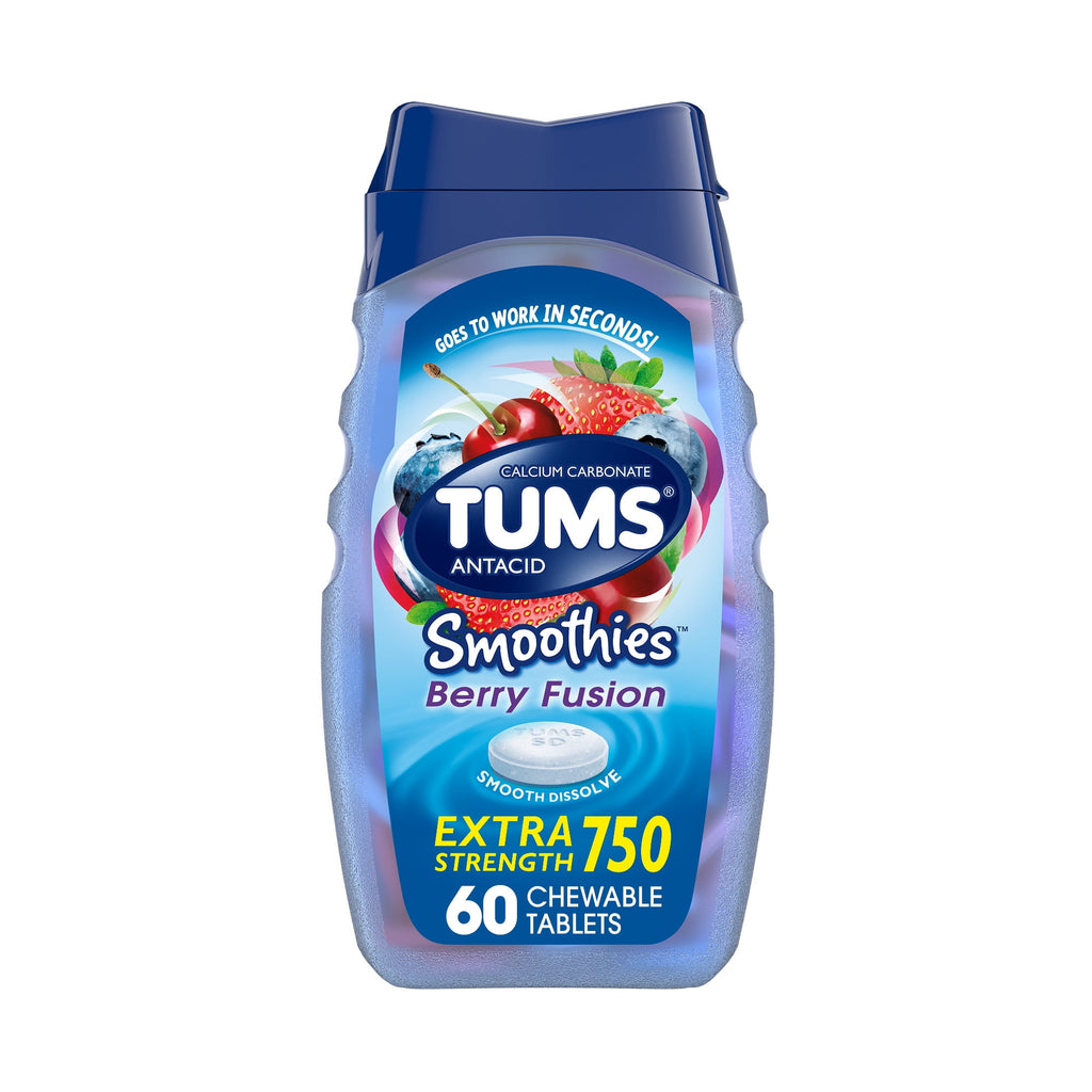 Tums Smoothies Extra Strength Heartburn Relief Chewable Antacid Tablets, Berry Fusion, 60 Ct