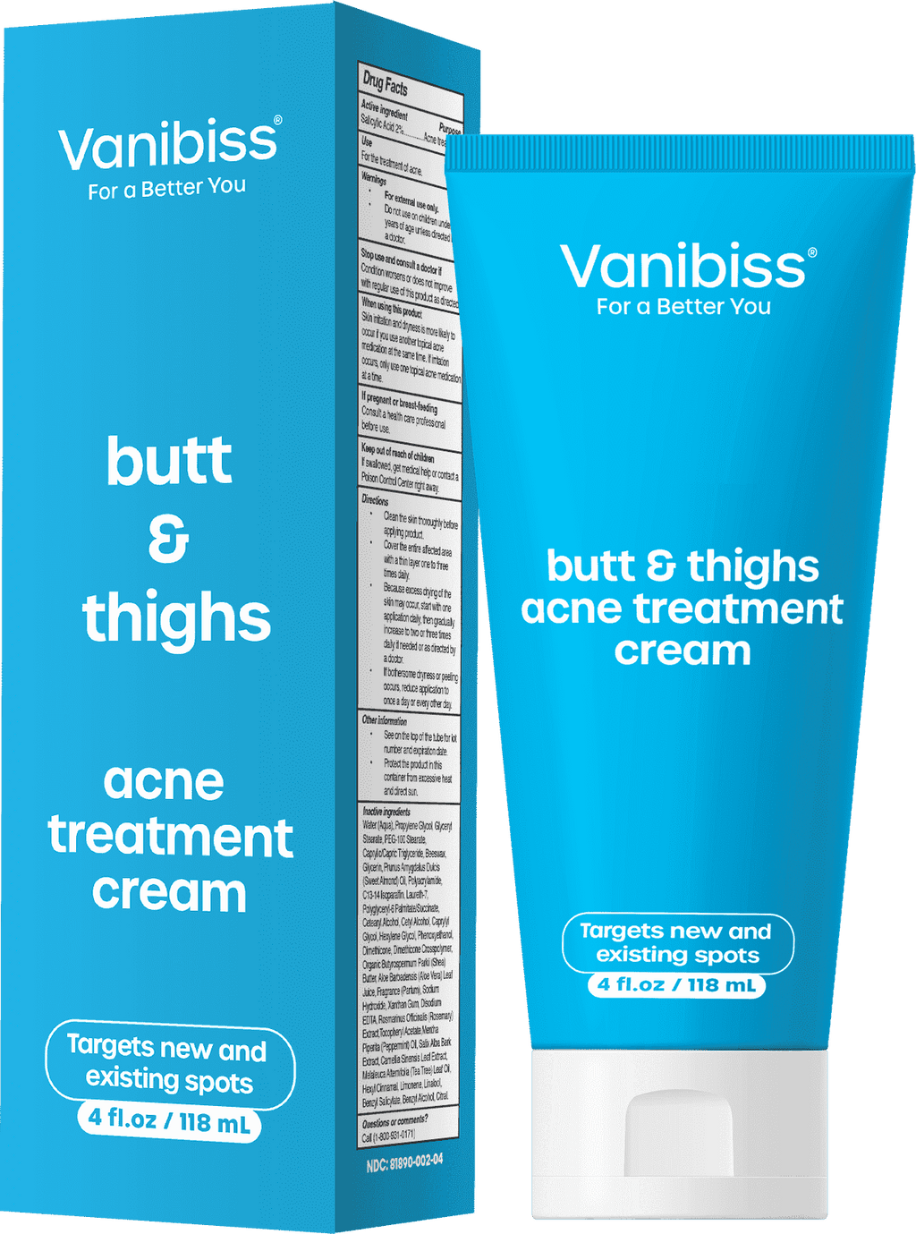 Vanibiss Butt and Thighs Acne Treatment Cream with 2% Salicylic Acid, Exfoliates & Repairs Acne-Prone Skin, 4oz