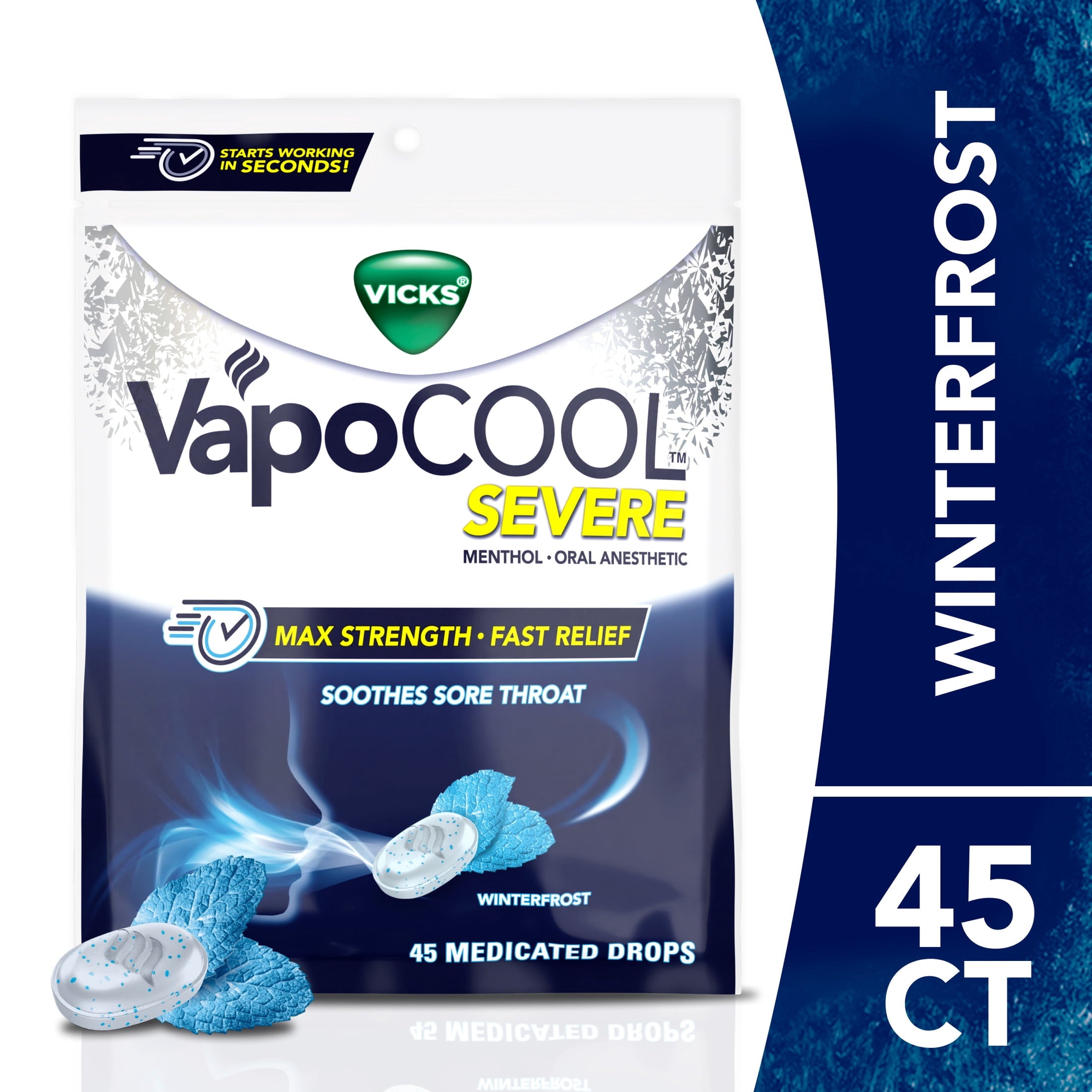 Vicks VapoCOOL SEVERE Medicated Sore Throat Drops, Menthol, Winterfrost Flavor, 45 count