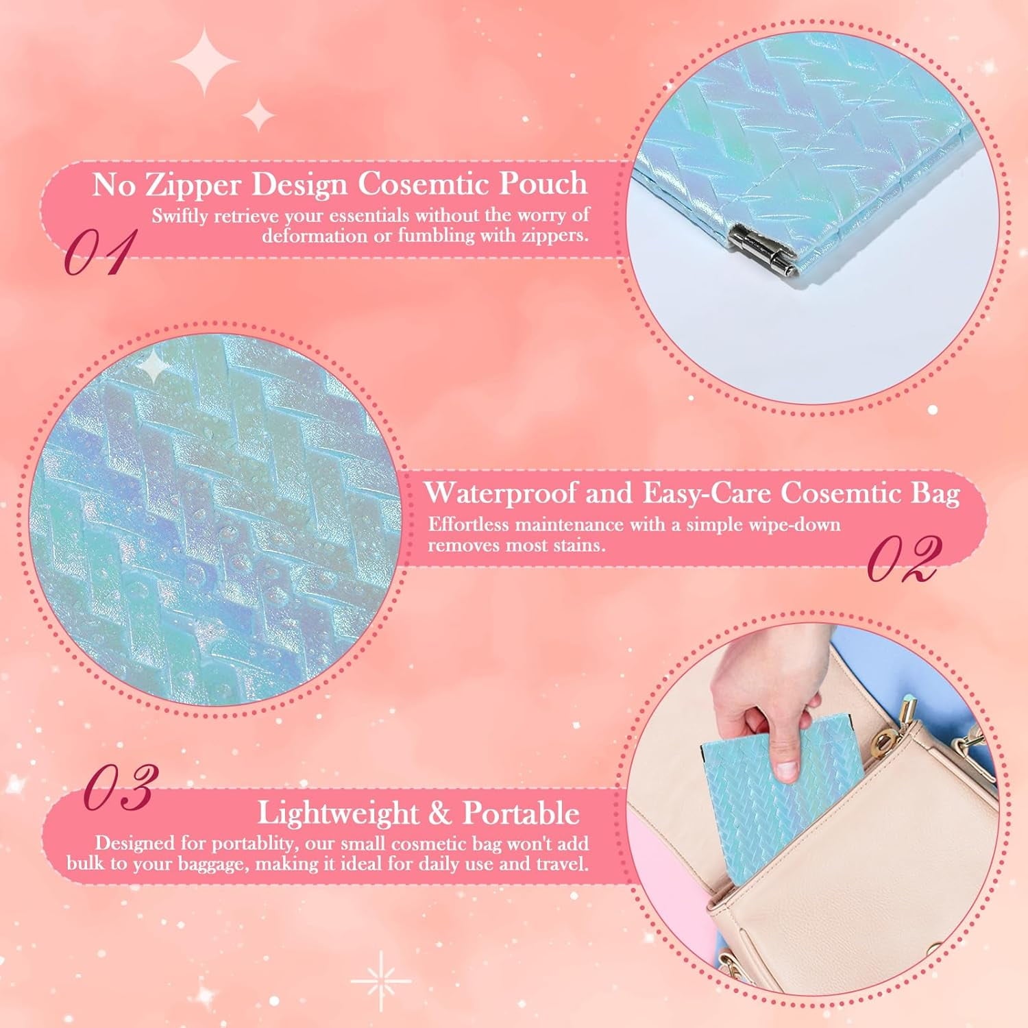 4PCS Snap Closure Pouches, Gradient Leather Pocket Cosmetic Pouch Organizer, Portable Travel Pouchic for Cosmetics Earphones Jewelry (Glitter)