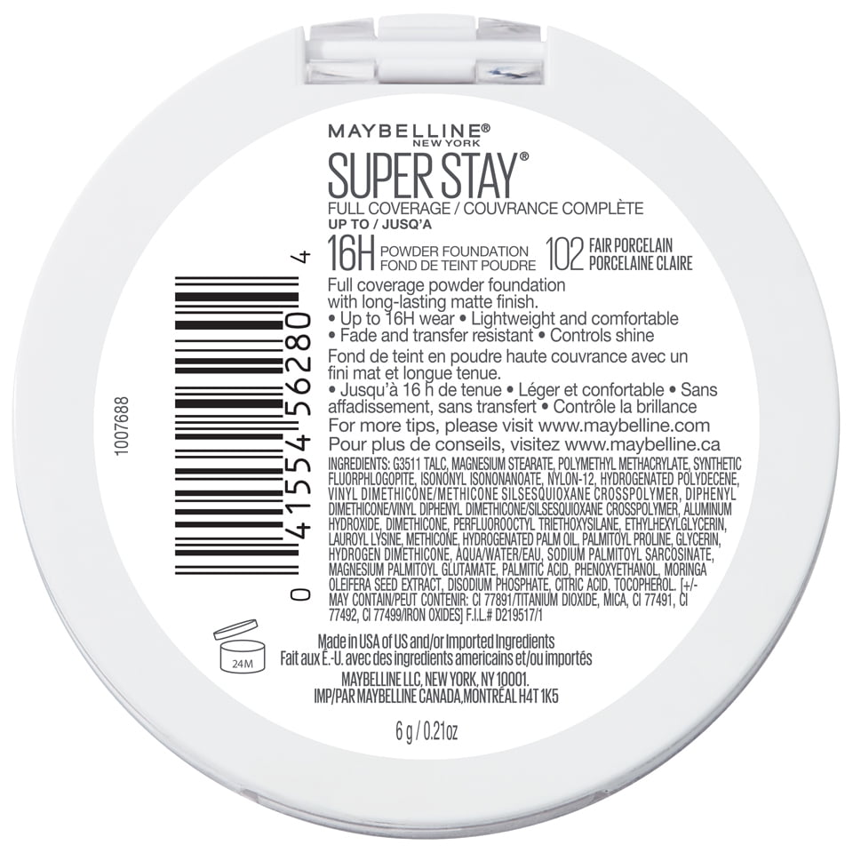 Maybelline Super Stay Full Coverage Powder Foundation Makeup, Matte Finish, Fair Porcelain