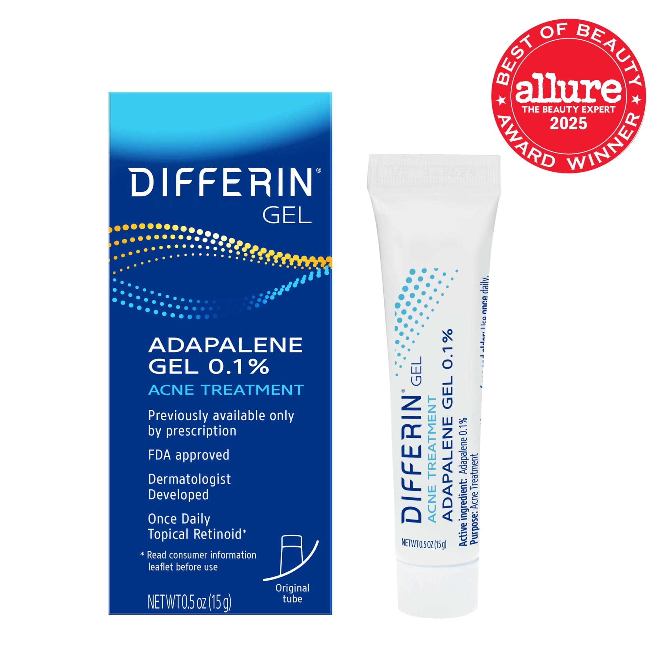 Differin Prescription-Strength Retinoid Acne Treatment Gel for Face with 0.1% Adapalene, Clears & Prevents Acne, Fragrance-Free, 15g Tube
