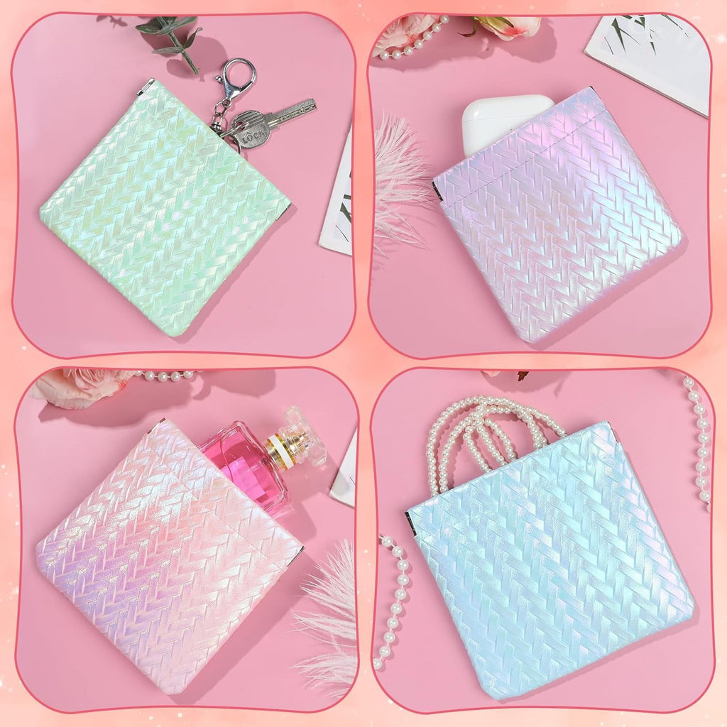4PCS Snap Closure Pouches, Gradient Leather Pocket Cosmetic Pouch Organizer, Portable Travel Pouchic for Cosmetics Earphones Jewelry (Glitter)