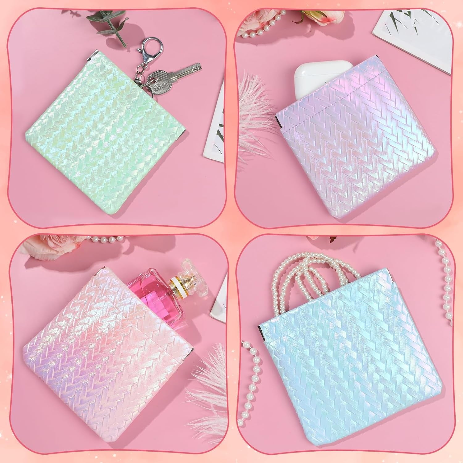 4PCS Snap Closure Pouches, Gradient Leather Pocket Cosmetic Pouch Organizer, Portable Travel Pouchic for Cosmetics Earphones Jewelry (Glitter)