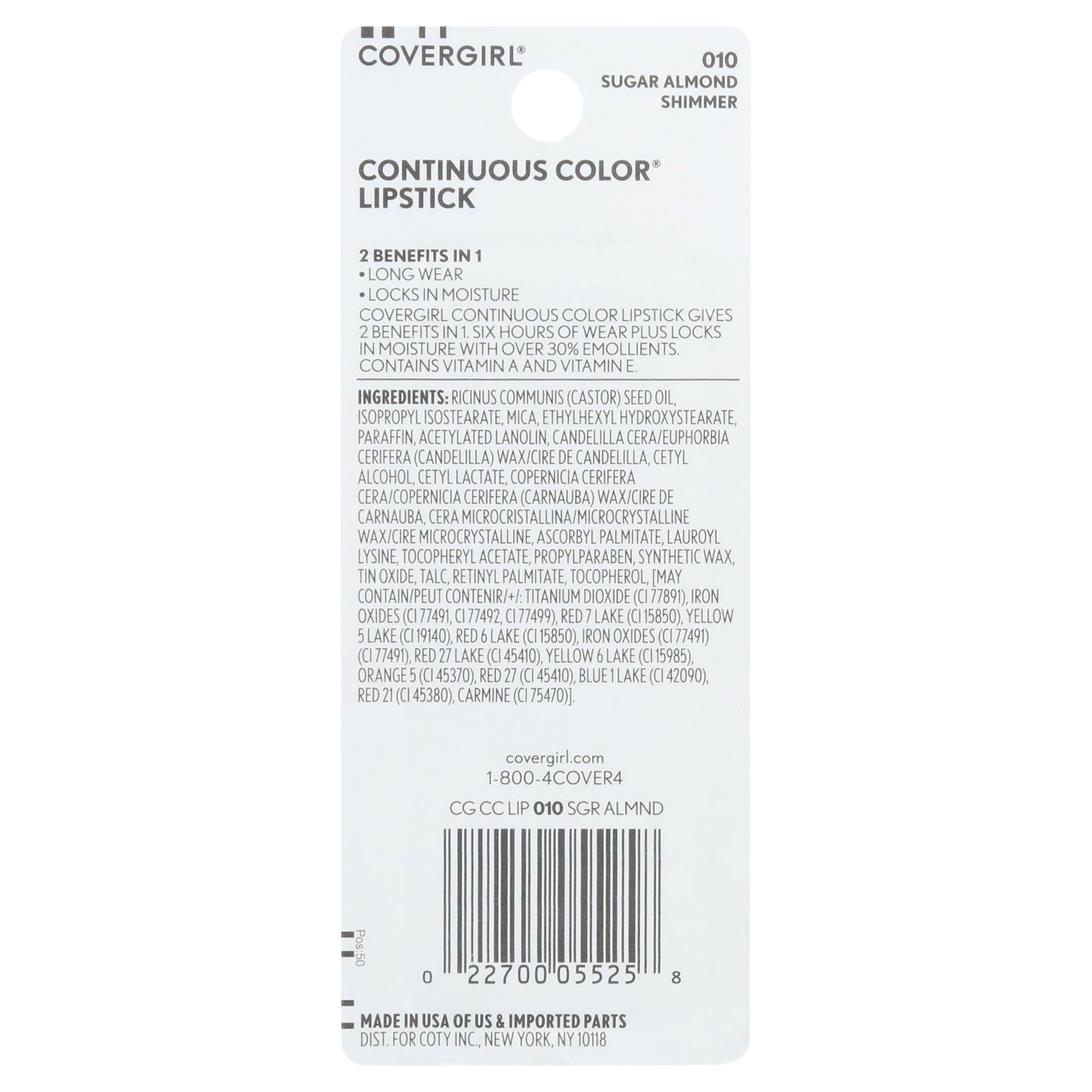 (2 pack) COVERGIRL Continuous Color Lipstick, 10 Sugar Almond, 0.13 oz