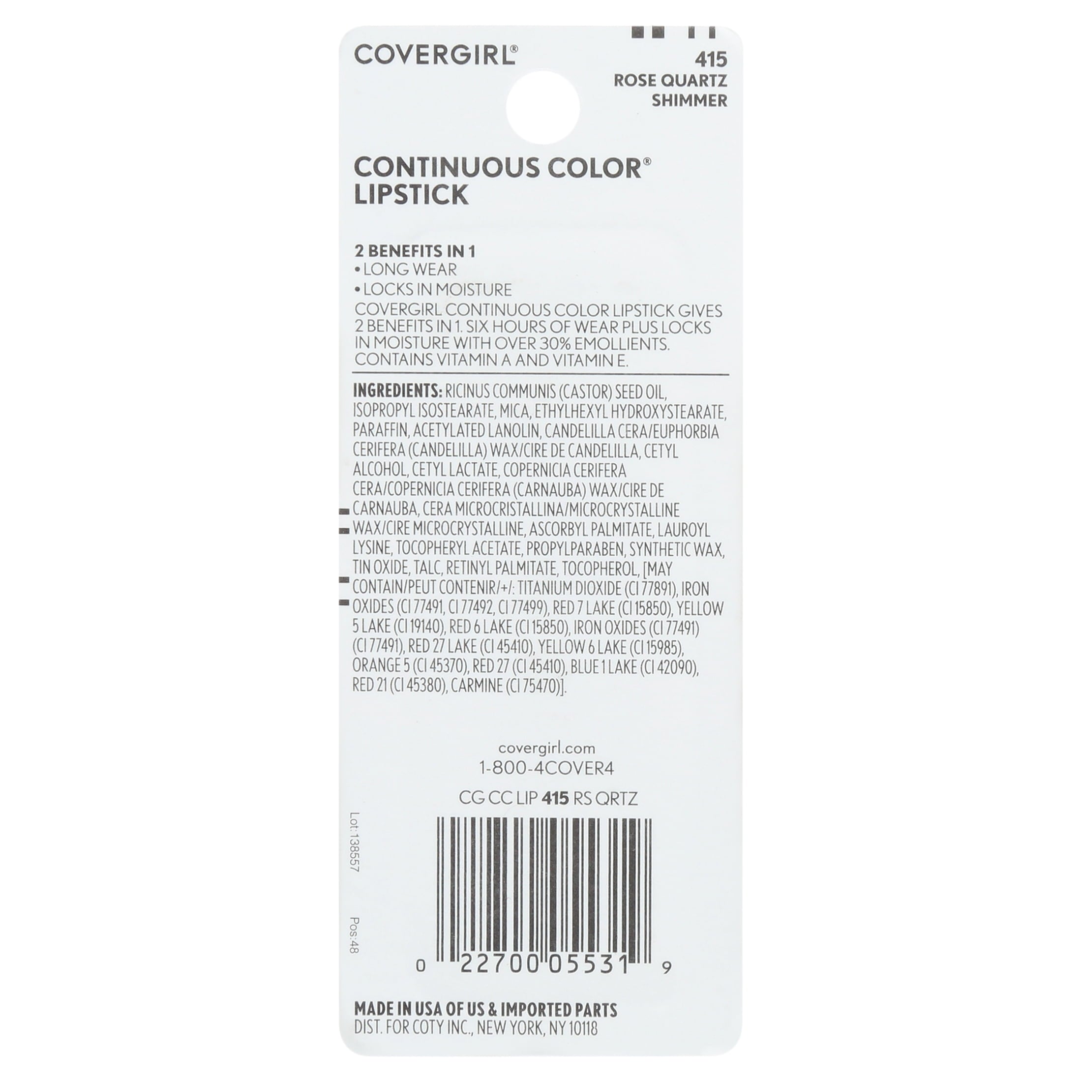 COVERGIRL Continuous Color Lipstick, 415 Rose Quartz, 0.13 oz