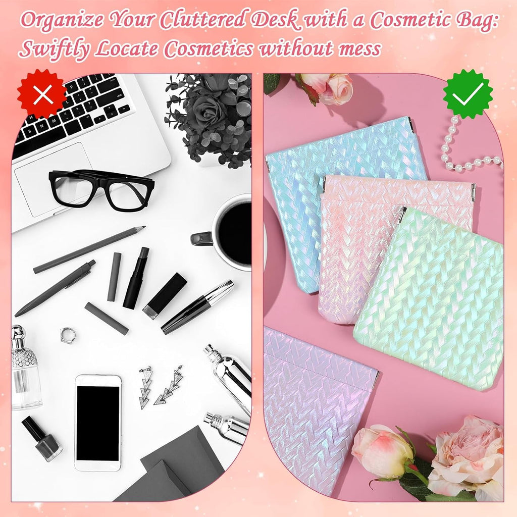 4PCS Snap Closure Pouches, Gradient Leather Pocket Cosmetic Pouch Organizer, Portable Travel Pouchic for Cosmetics Earphones Jewelry (Glitter)