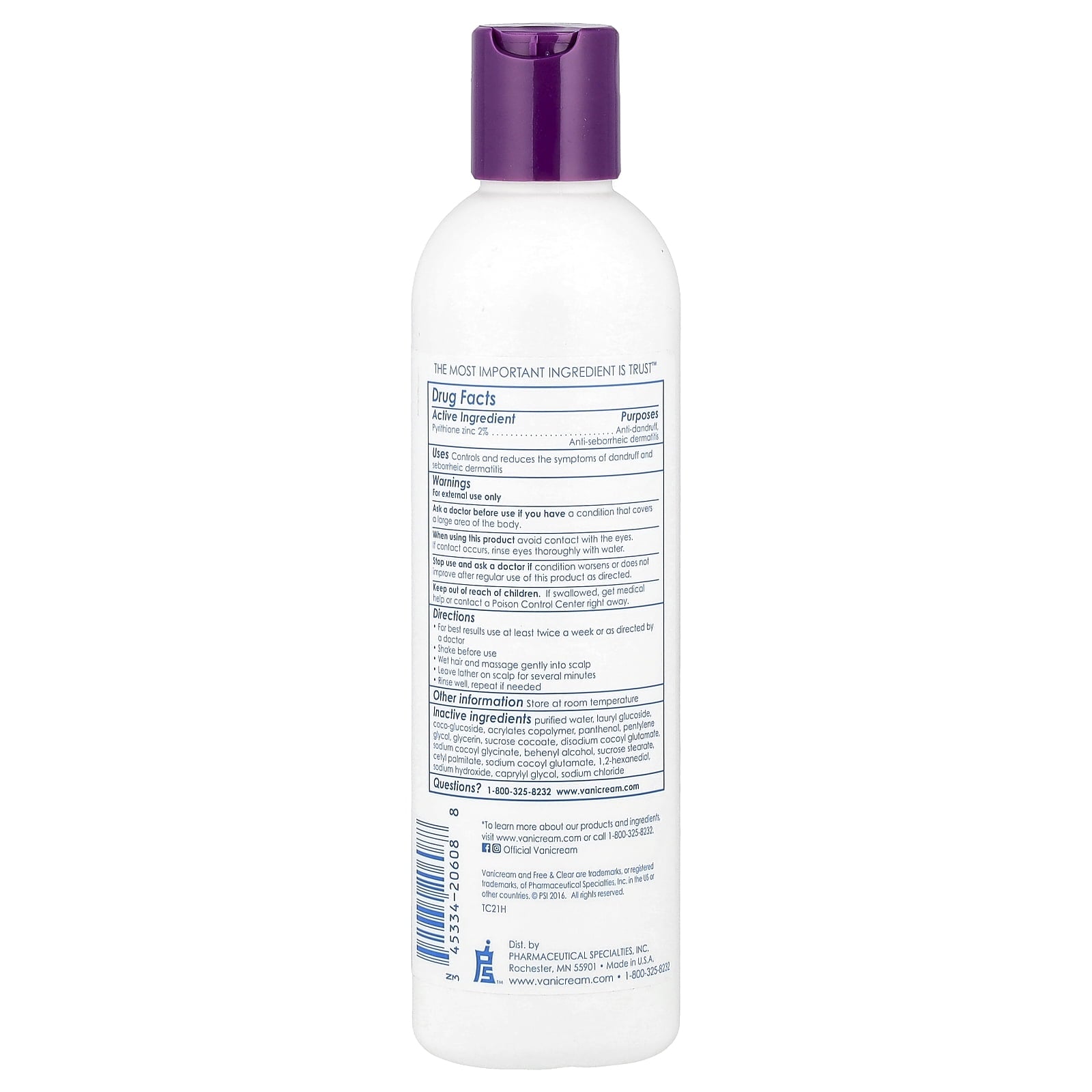 Vanicream Pyrithione Zinc 2% Dandruff Shampoo, 8 fl oz