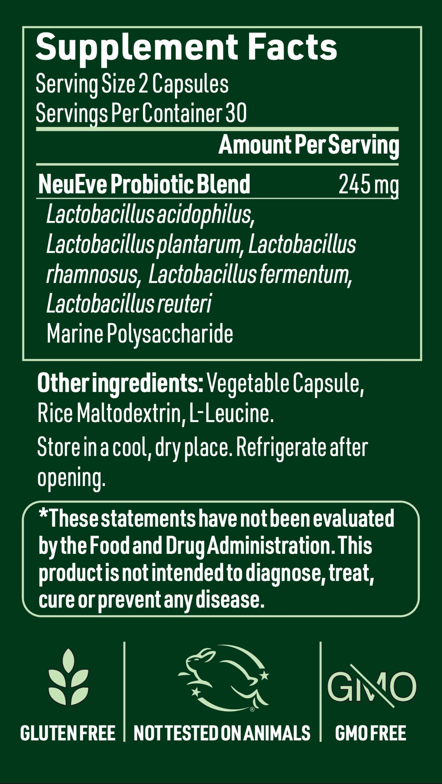 NeuEve Vaginal Probiotic, L acidophilus, L plantarum, L rhamnosus, L fermentum, L reuteri, selected by OBGYN