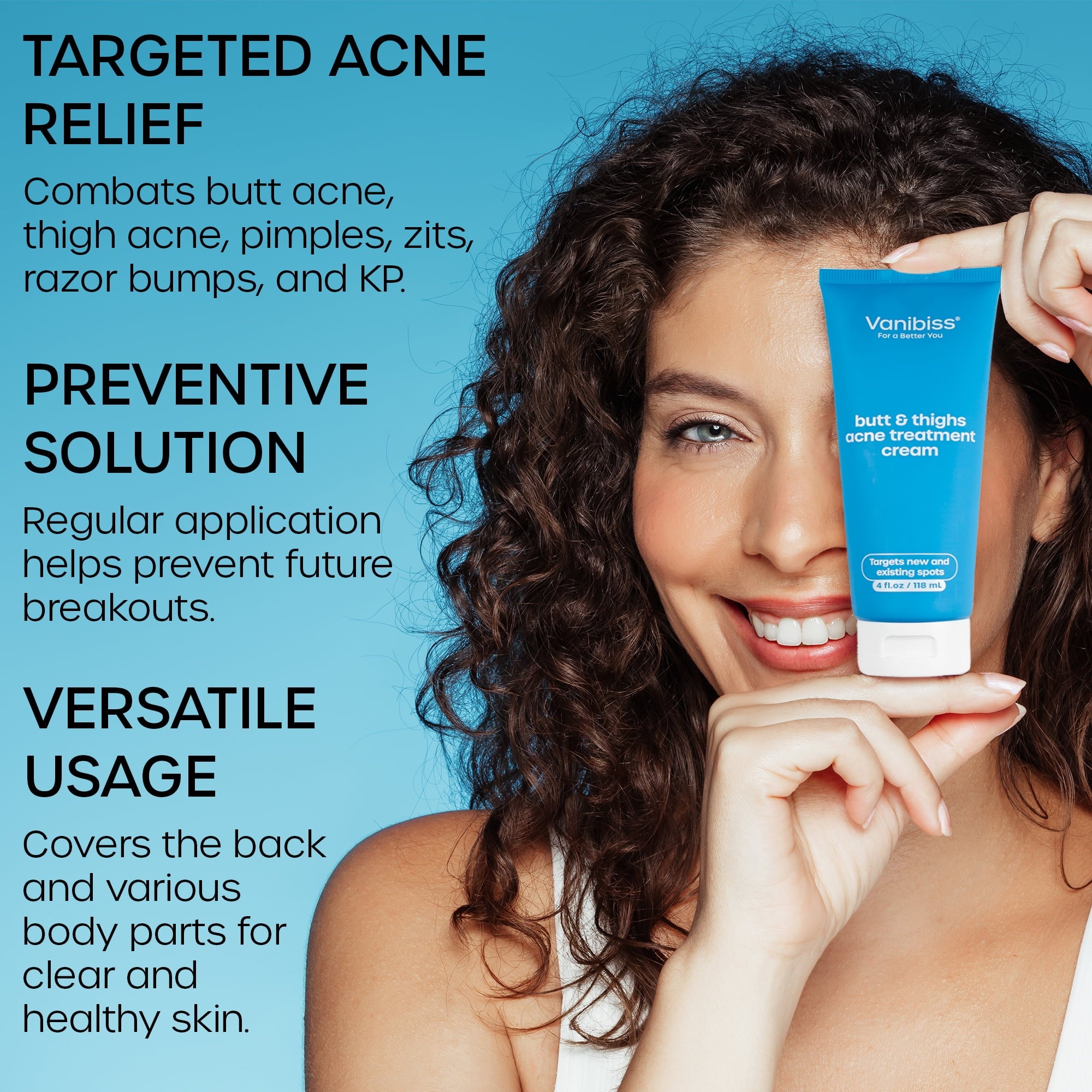 Vanibiss Butt and Thighs Acne Treatment Cream with 2% Salicylic Acid, Exfoliates & Repairs Acne-Prone Skin, 4oz